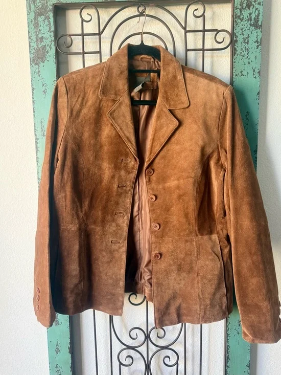 Vintage Caramel Brown Leather Blazer Jacket Size 10 Tailored Minimalist - Picture 4 of 10
